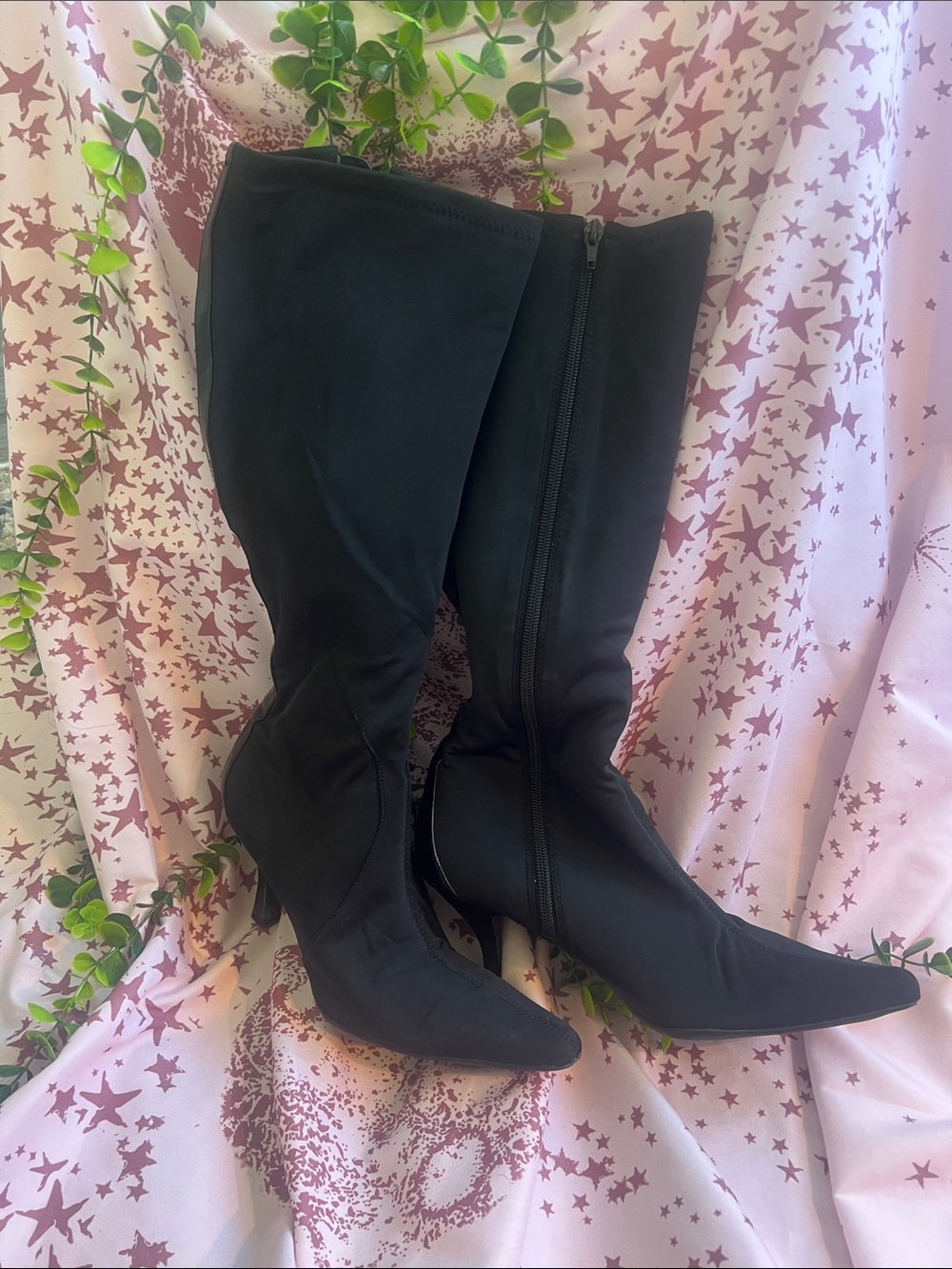 Nine West Stretchy Fit Black Pointed Toe Knee-High Heeled Boots